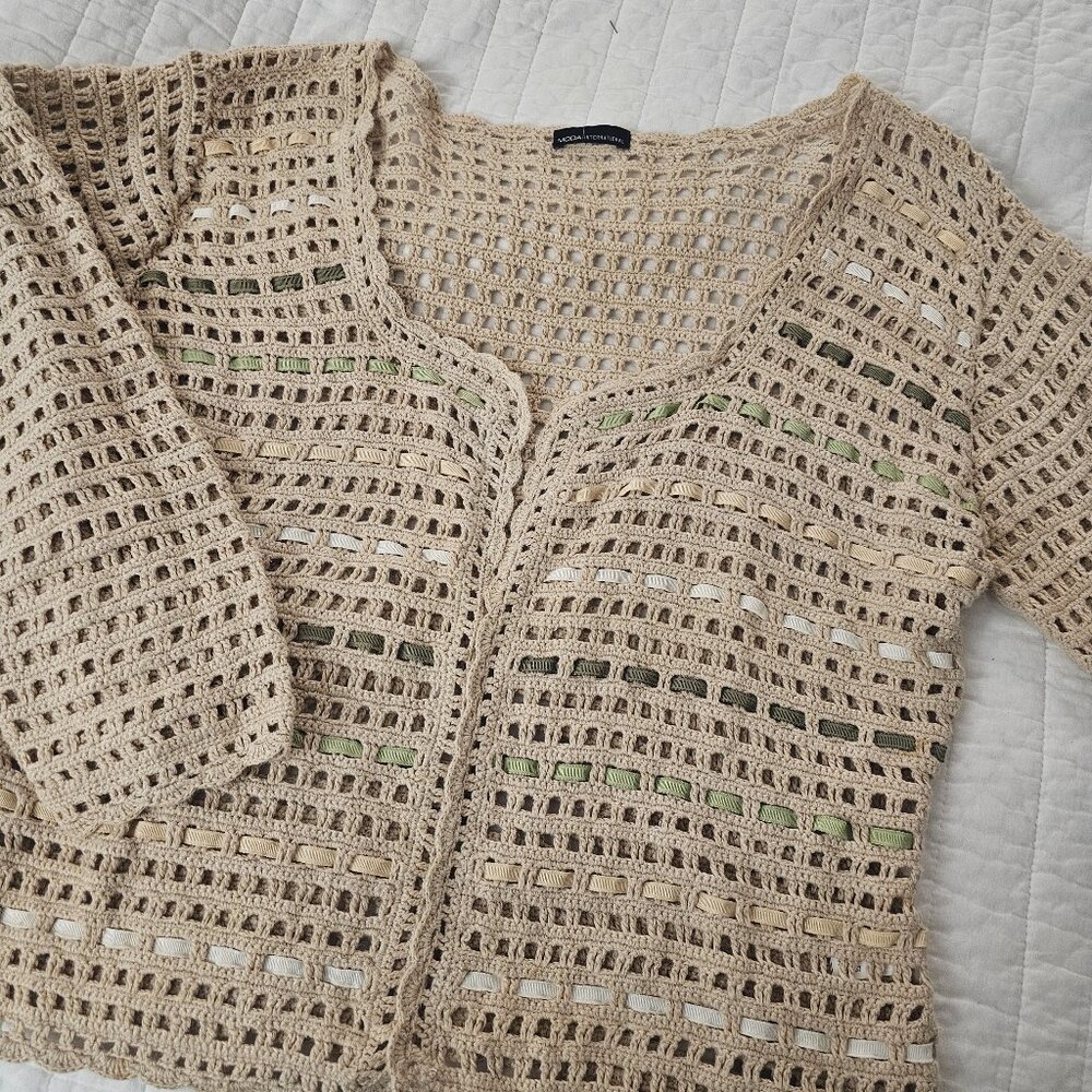 Moda International Vintage Tan/Cream Ribbon Granola Girl Crochet Cardigan